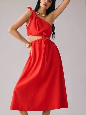 FARM Rio Red One-Shoulder Knot Midi Dress